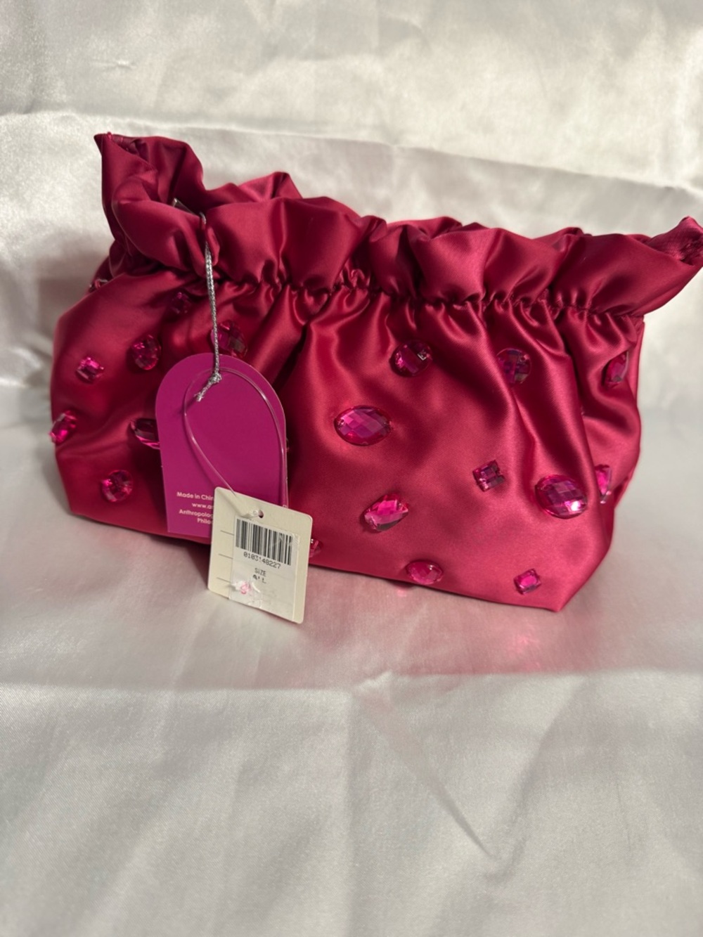 NWT Anthropologies Women's Pink Jeweled Satin Clutch